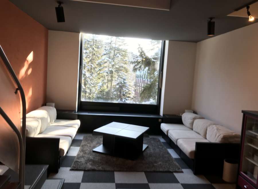 This cozy living space features a stunning view of a snow-covered forest through a large window.