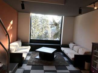 This cozy living space features a stunning view of a snow-covered forest through a large window.