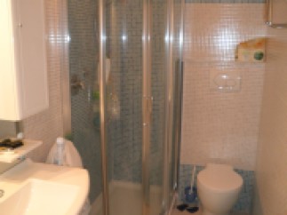 This bathroom features a modern shower with a glass enclosure, perfect for a refreshing start to your day.