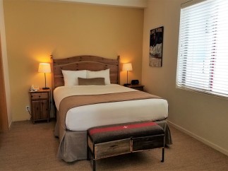 Cozy up in this inviting hotel room, featuring a comfortable bed and warm lighting.