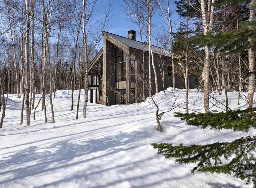 This stunning modern cabin is nestled in a snowy forest, offering breathtaking views and serene surroundings.