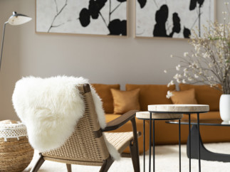 A cozy living room features a stylish woven chair with a sheepskin throw, complemented by a warm orange velvet sofa and minimalist side tables.