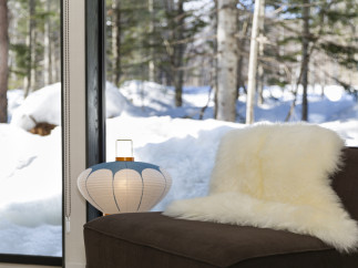 Cozy up by the window with a sheepskin throw and enjoy the snowy winter view.