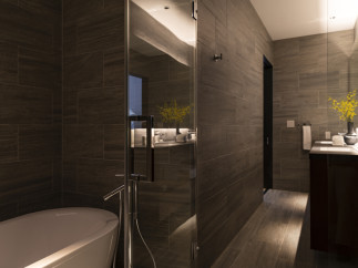 This luxurious bathroom boasts a sleek, modern design with dark brown tile, a frameless glass shower enclosure, and a freestanding soaking tub.