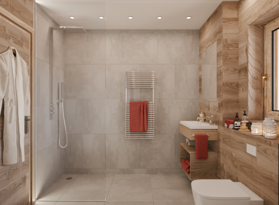 This stunning bathroom boasts a modern design with a touch of rustic charm.