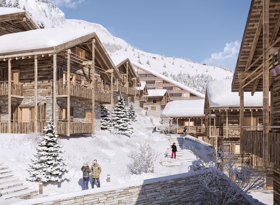 Experience the ultimate winter getaway in these stunning wooden chalets nestled in a snowy mountain landscape.