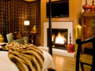 This luxurious bedroom boasts a cozy fireplace, perfect for relaxing evenings.