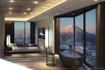Experience luxury living in this stunning bedroom with breathtaking mountain views.