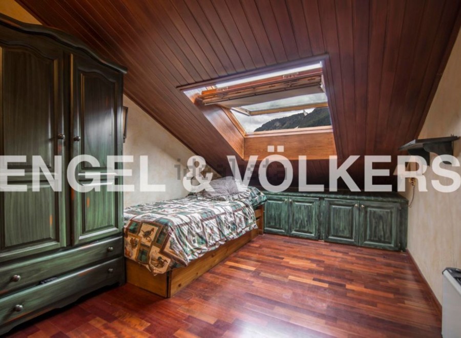 Charming attic room with wooden floors and a skylight offering mountain views.