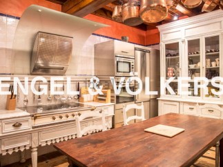 This stunning kitchen boasts a unique blend of modern appliances and antique charm.