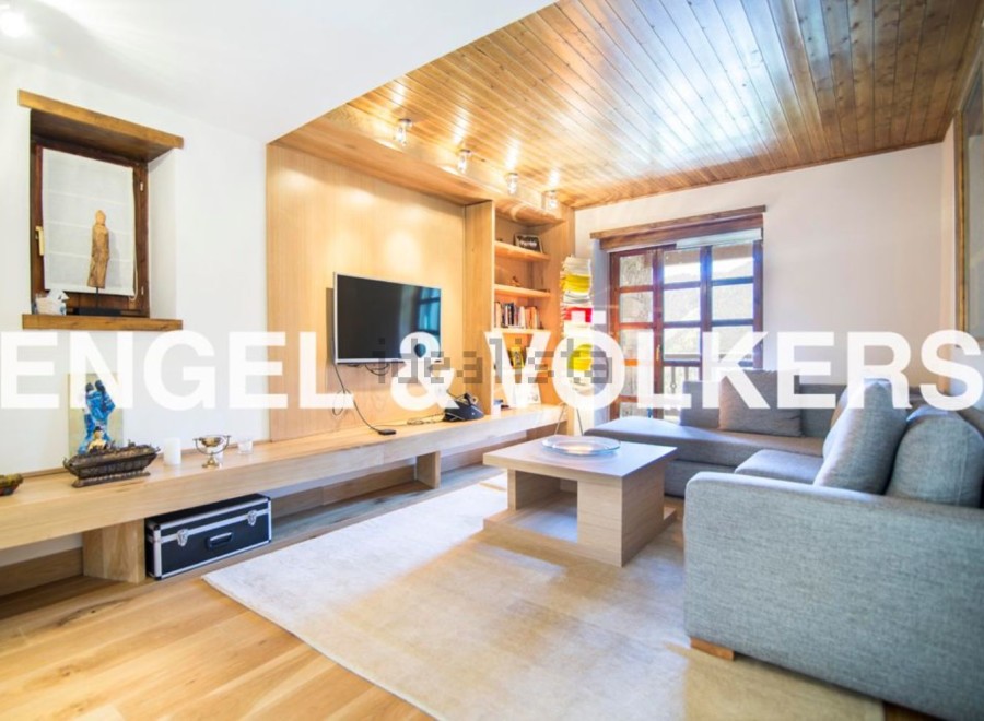 Stunning mountain view living room with L-shaped sofa and built-in entertainment center.