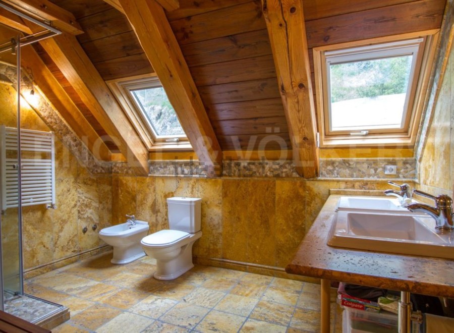 Luxury bathroom with wooden beams and skylights.