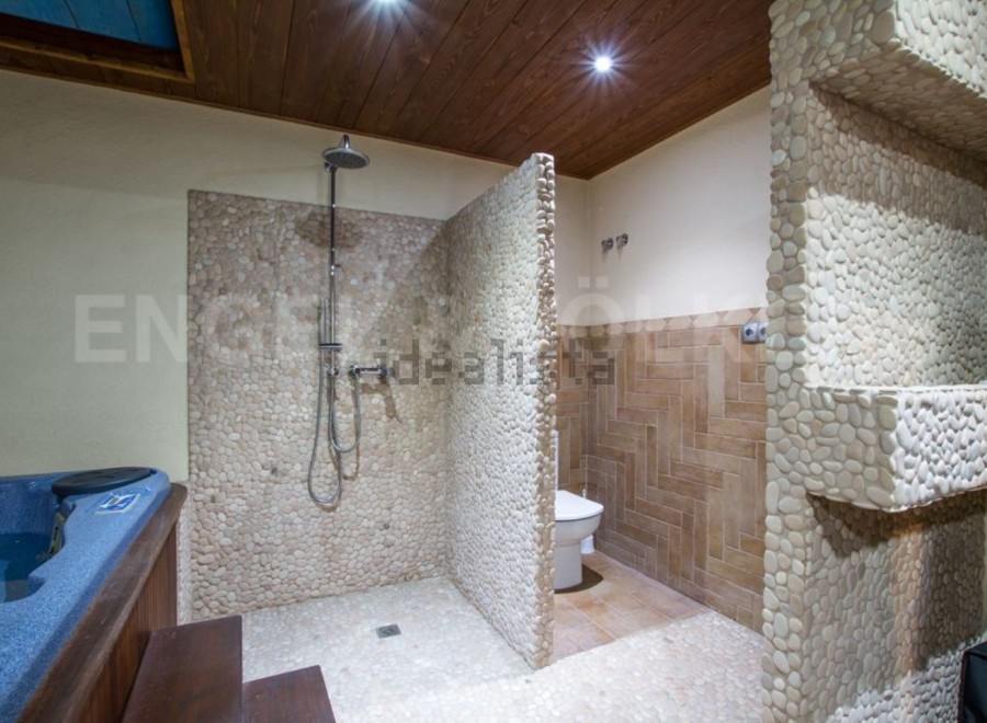 This luxurious bathroom boasts a spacious shower with pebble tile walls, a modern toilet, and a built-in jacuzzi tub.