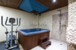 This luxurious property boasts a stunning indoor spa area, complete with a jacuzzi and a pebble-tiled shower.