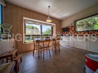 Rustic kitchen with brick feature wall, large windows overlooking garden, and white shaker-style cabinets.