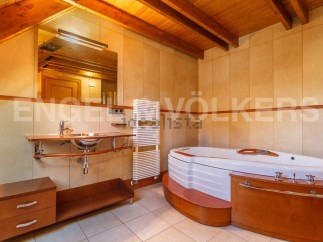 This luxurious bathroom boasts a spacious jacuzzi tub perfect for relaxation, complemented by a sleek, modern sink and vanity.