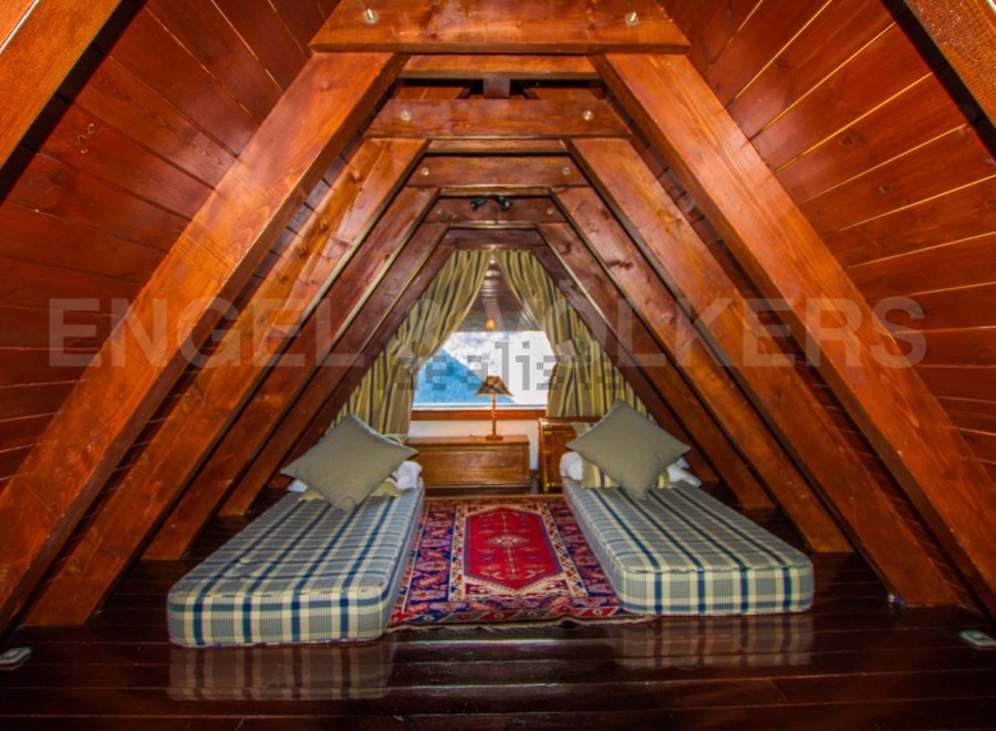 Cozy attic bedroom with twin beds, perfect for a relaxing getaway.