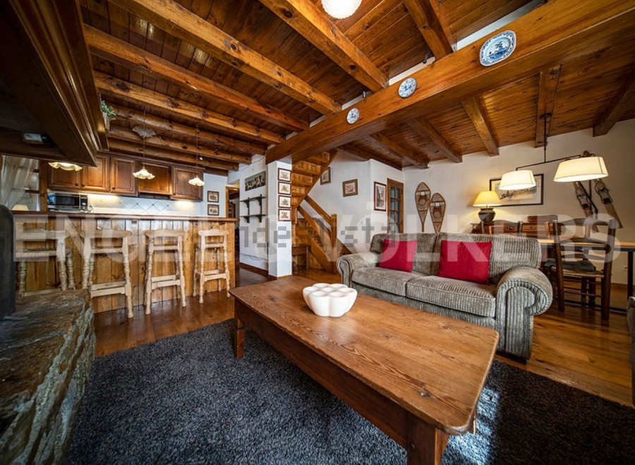 Cozy chalet apartment with exposed wooden beams, a rustic kitchen, and a comfortable living area.