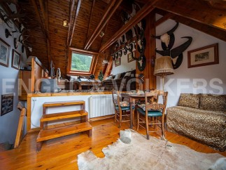 This unique property boasts a stunning wooden interior with a cozy attic space.