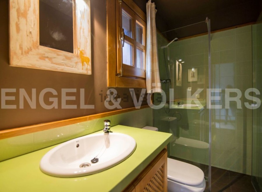 Charming bathroom with a green countertop and a walk-in shower.