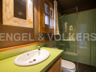 Charming bathroom with a green countertop and a walk-in shower.