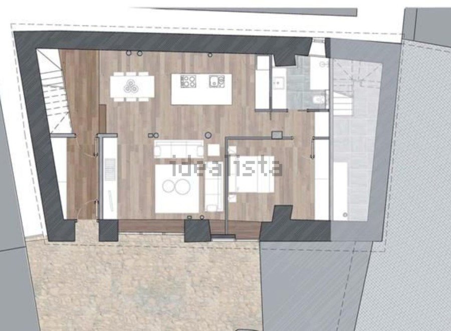 Charming apartment with open-plan living and dining area, modern kitchen, and a cozy bedroom.