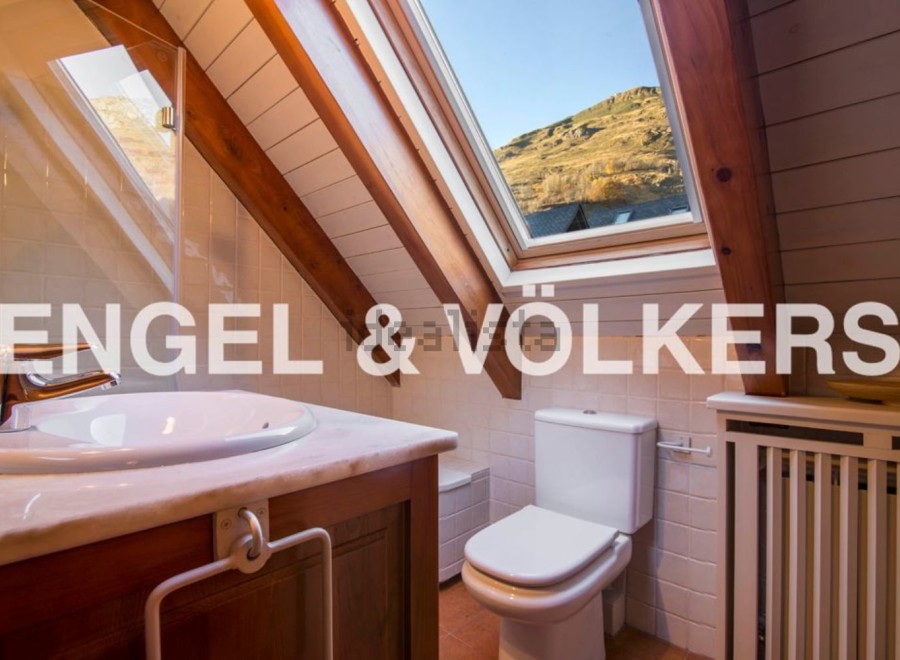 Charming attic bathroom with skylight offering mountain views.