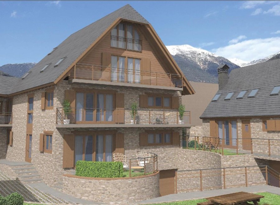Mountain view home with stone exterior and wood accents.