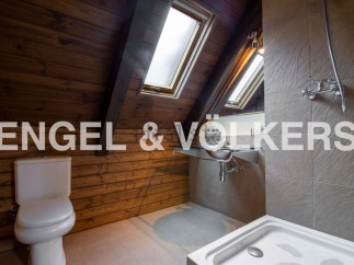 Charming attic bathroom with wooden walls, skylights, and modern fixtures.