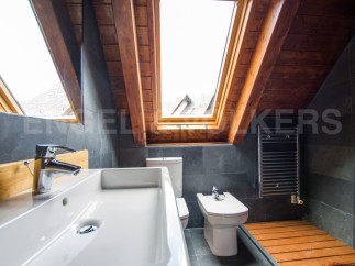 This stunning bathroom boasts a unique sloped ceiling with skylights, creating a bright and airy atmosphere.