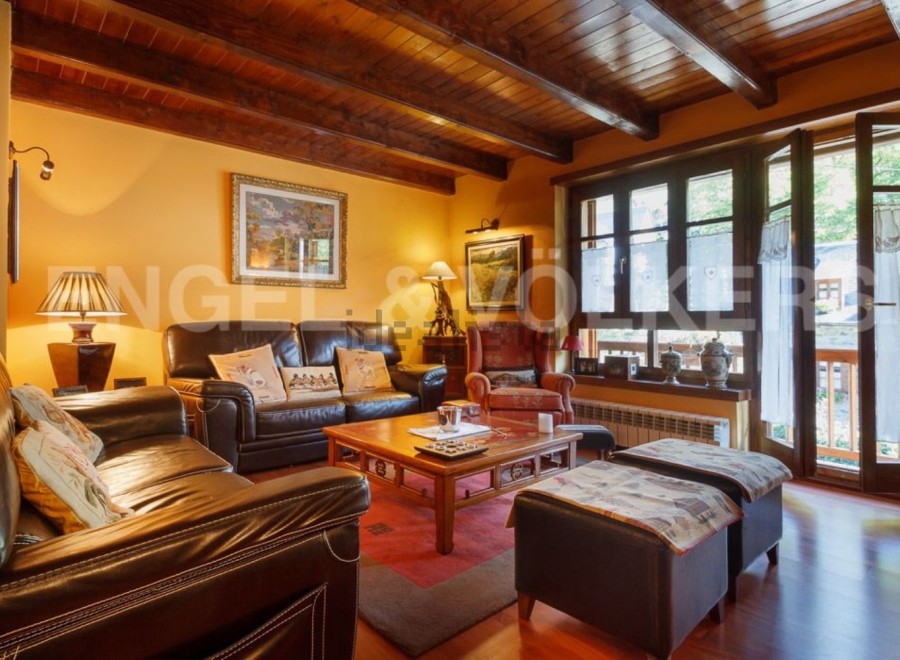 Cozy living room with wooden beams, leather sofas, and large windows offering abundant natural light.
