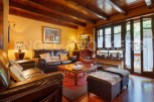 Cozy living room with wooden beams, leather sofas, and large windows offering abundant natural light.