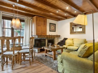 This charming apartment boasts a cozy living room with a fireplace, perfect for relaxing after a day on the slopes.