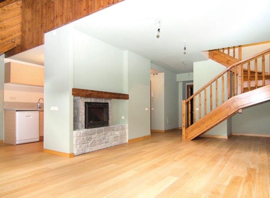 Stunning open-plan living area with hardwood floors and a cozy fireplace.