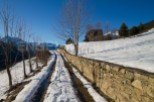 Mountainside property with stunning views and a rustic stone wall.