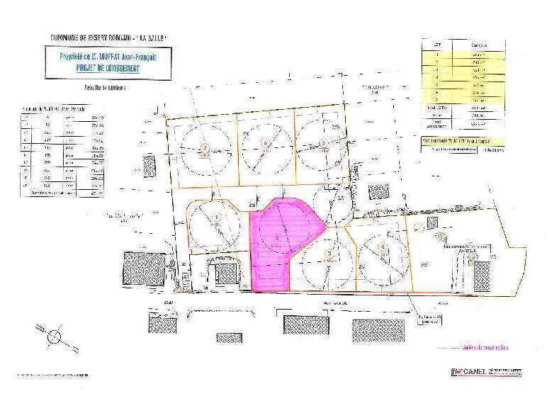 This Essert Romain property features a proposed subdivision plan with several lots, each having unique dimensions and specifications.