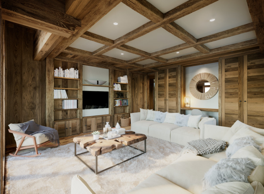 This stunning living room boasts a cozy and luxurious atmosphere, featuring a large sectional sofa, a rustic wooden coffee table, and a plush rug.