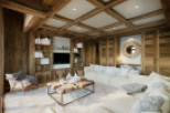 This stunning living room boasts a cozy and luxurious atmosphere, featuring a large sectional sofa, a rustic wooden coffee table, and a plush rug.
