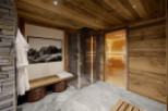 Luxurious spa with wooden interior, featuring a sauna and shower.
