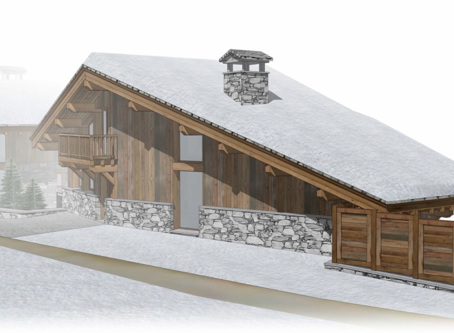 This stunning chalet boasts a unique architectural design, featuring a sloped roof covered in snow, exposed wooden beams, and a stone chimney.