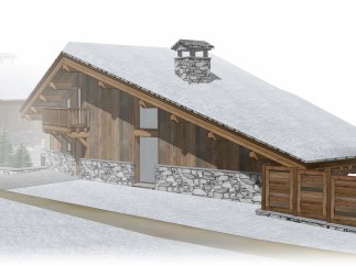 This stunning chalet boasts a unique architectural design, featuring a sloped roof covered in snow, exposed wooden beams, and a stone chimney.