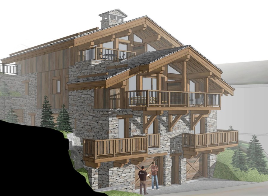 This stunning chalet boasts a unique blend of rustic stone and modern wood, offering breathtaking views.