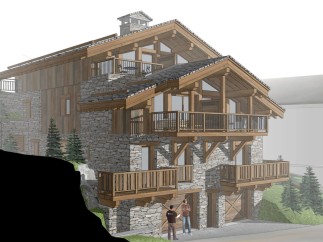 This stunning chalet boasts a unique blend of rustic stone and modern wood, offering breathtaking views.