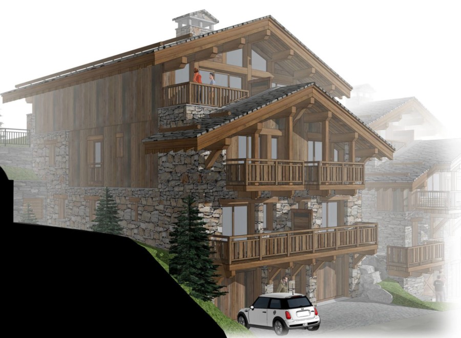 This stunning chalet boasts a unique blend of rustic stone and modern wood, offering breathtaking mountain views.