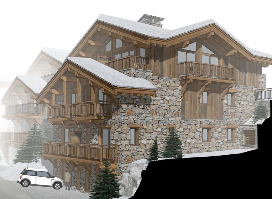 This stunning chalet boasts a unique blend of rustic charm and modern elegance, featuring exposed wooden beams, stonework, and expansive balconies.
