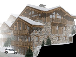 This stunning chalet boasts a unique blend of rustic charm and modern elegance, featuring exposed wooden beams, stonework, and expansive balconies.