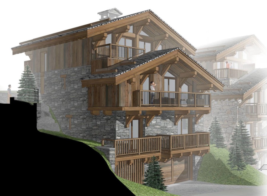 This stunning chalet boasts a unique blend of rustic stone and modern wood, offering breathtaking views.