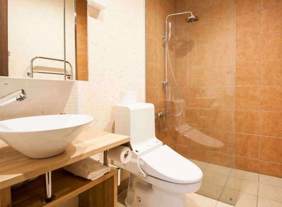 This modern bathroom features a sleek design with a vessel sink and a wooden vanity.