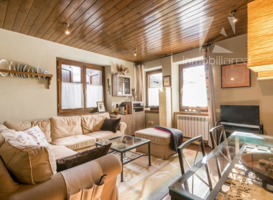 This charming living space boasts a cozy atmosphere with its wooden ceiling and inviting sofa.