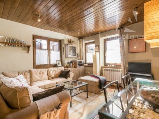This charming living space boasts a cozy atmosphere with its wooden ceiling and inviting sofa.